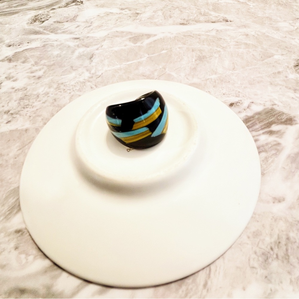 Rare Murano Black Glass Ring with Blue and Yellow Stripes